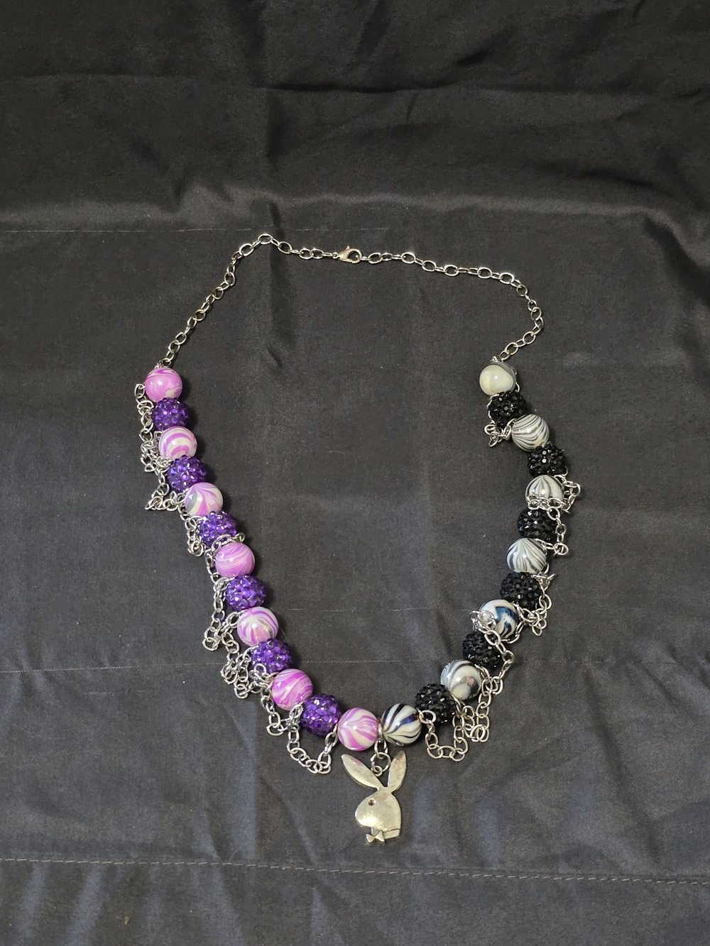 NWT Playful Purple & Black Beaded Necklace with Bunny Pendant